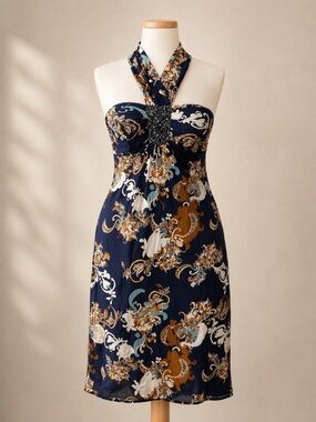 BCBG Paris Silk Halter Dress/Beaded Detail/Cocktail/Vacation